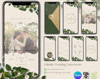 May include: A digital wedding invitation displayed on multiple smartphones. The design features a photo of a couple, floral accents, and the names "Anya & Tawan." The text includes "You're Cordially Invited" and RSVP details. The invitation is customizable in Canva.