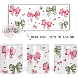 Peut inclure: Deux tasses blanches avec un motif de n&oelig;uds roses et verts, d'&eacute;toiles et de c&oelig;urs. Les tasses sont sur un fond blanc avec le texte "T&Eacute;L&Eacute;CHARGEMENT NUM&Eacute;RIQUE" et "HAUTE R&Eacute;SOLUTION DE 300 DPI".