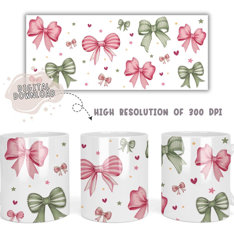 Peut inclure: Deux tasses blanches avec un motif de n&oelig;uds roses et verts, d'&eacute;toiles et de c&oelig;urs. Les tasses sont sur un fond blanc avec le texte "T&Eacute;L&Eacute;CHARGEMENT NUM&Eacute;RIQUE" et "HAUTE R&Eacute;SOLUTION DE 300 DPI".