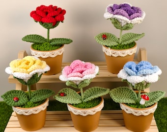 Flor de ganchillo hecha a mano, regalo de rosa en maceta, decoración del hogar, regalo para amigos, aniversario, madre, regalo de cumpleaños, decoración única de oficina, decoración de dormitorio