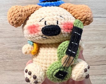 Regalo hecho a mano, peluche de perro de ganchillo, cachorro amigurumi, peluche, decoración del hogar, guitarra de músico, lindo regalo de cumpleaños para el día de San Patricio, juguete coleccionable