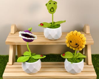 Flor de ganchillo hecha a mano, regalo de girasol en maceta, tirador de guisantes, Venus atrapamoscas, decoración del hogar, regalo para amigos, cumpleaños, decoración de oficina, dormitorio