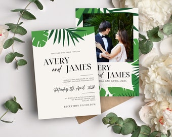 Greenery Monstera Wedding Invitation Template, Invite with Photo, Photo Collage Invite, Wedding Invite Template Download- GRNY-MNS