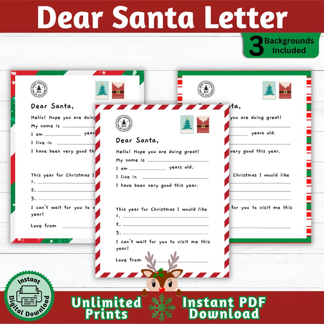 Kids Letter to Santa Printable Santa Letter Instant Download PDF