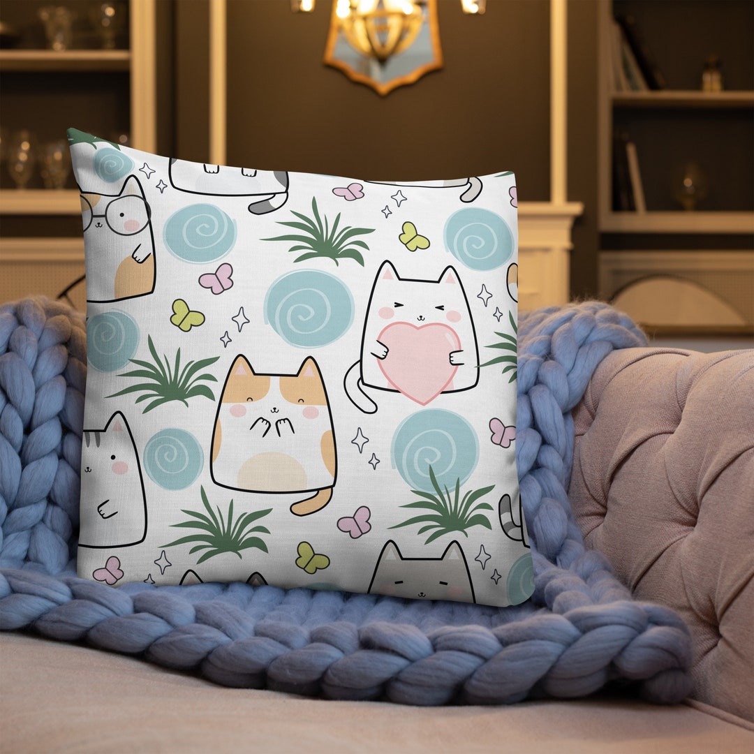Cute Kawaii Cat Premium Pillow Kitties Cushion Feline Etsy