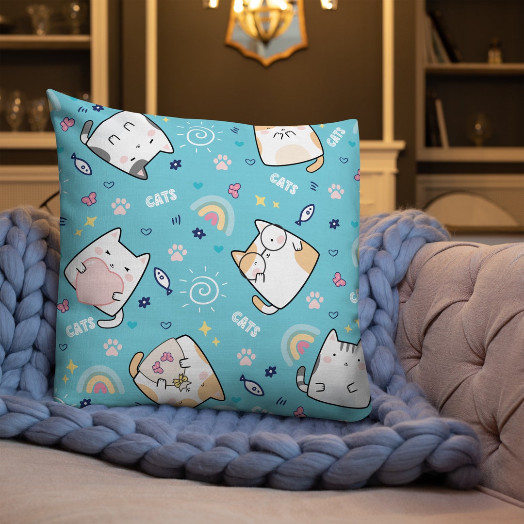 Cute Kawaii Cat Premium Pillow Kitties Cushion Feline Etsy