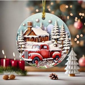 3D Red Truck Christmas Cottage Ornament PNG