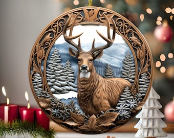 3D Buck Deer Round Christmas Ornament PNG