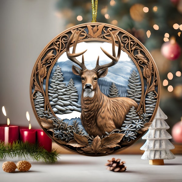 3D Buck Deer Round Christmas Ornament PNG