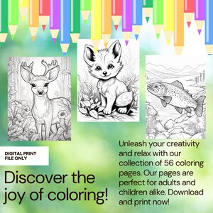 56 Woodland Animal Coloring Pages, Cute Animals, Adults/ Kids Coloring Pages, Grayscale Coloring Book, Digital Download, Printable PDF