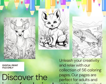56 Woodland Animal Coloring Pages, Cute Animals, Adults/ Kids Coloring Pages, Grayscale Coloring Book, Digital Download, Printable PDF