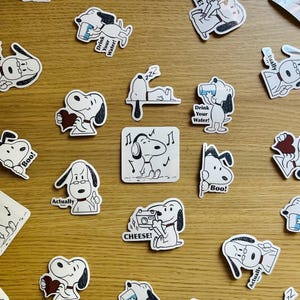 K&ouml;nnte beinhalten: Eine Sammlung von schwarz-wei&szlig;en Aufklebern mit einem Cartoon-Hund mit verschiedenen Ausdr&uuml;cken und S&auml;tzen. Die S&auml;tze lauten "Boo!" "Actually" "Drink Your Water!" "Cheese!" und "222".