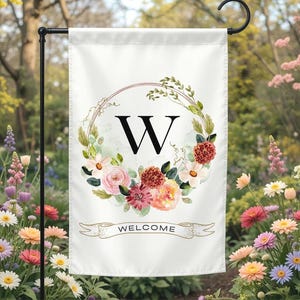 Initial Garden Flag Monogram Yard Flag Welcome Outdoor Sign Floral House Flag Personalized Porch Flag Spring Garden Decoration Garden Banner