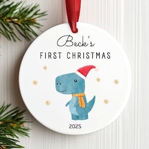 Personalized Baby’s First Christmas Ornament 2025 Custom Name Ceramic Dinosaur Keepsake