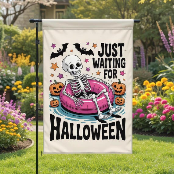 Summer Halloween Garden Flag: Spooky Skeleton Pool Party Yard Decor