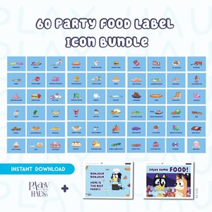 60 Blue Food Label Icon Bundle, Kids Party, Blue Food Tent Bundle, Blue Party Food, Blue Party Label Food, Food Label Blue Themed,Table Deco