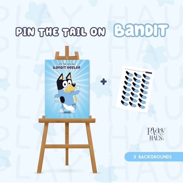 Ponle la cola a Bandit, Pin the tail game, Blue Party Pin the Tail, Blue Party Game, Blue Signs, Blue Activity, Bandit, Kids Game Fun