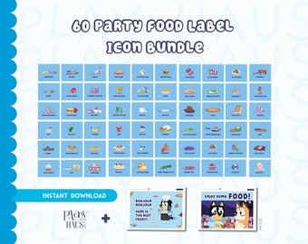 60 blauwe voedsellabel pictogrambundel, kinderfeest, blauwe voedseltentbundel, blauw feestvoedsel, blauw partijlabel voedsel, voedseletiket blauw thema, tafeldeco