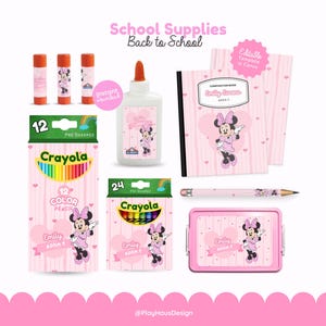May include: A set of school supplies featuring Minnie Mouse, including three glue sticks, a glue bottle, a composition book, a pencil, a pencil box, and boxes of 12 Crayola colored pencils and 24 Crayola crayons, all with pink heart patterns and the text Emily Room 1.