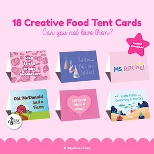 May include: A collection of 18 creative food tent cards with diverse designs and text, such as "Icky Sticky Sticky Bubblegum," "Put it on," and "Old McDonald had a Farm." The cards are set against a pink backdrop, with a pink star that reads "Instant Download."