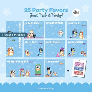 27 cadeaux bleus à imprimer, cadeau d'anniversaire garçon fille, 27 étiquettes bleus pour cadeaux, Keepy Uppy, gecko collant, lunettes grand-mère