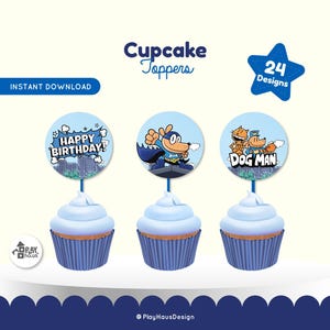 24 adornos digitales para cupcakes de DogMan / Descarga instantánea / Decoración para fiestas con temática de cómics / Cumpleaños infantiles imprimibles / Adornos para cupcakes de cómics