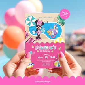 May include: A rectangular birthday invitation card featuring Minnie Mouse and Daisy Duck at a pool. The card includes text: Madison's 4th Birthday, Saturday June 18 15:00, Av. Splash Clubhouse of Mouse 572 Palm Beach, RSVP to Mom (234) 631-8620.