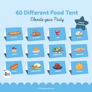 60 diverse tende per cibo per feste di compleanno di colore blu, etichette per decorazioni per feste, segnaposto per feste, centrotavola per cibo, cibo per tende