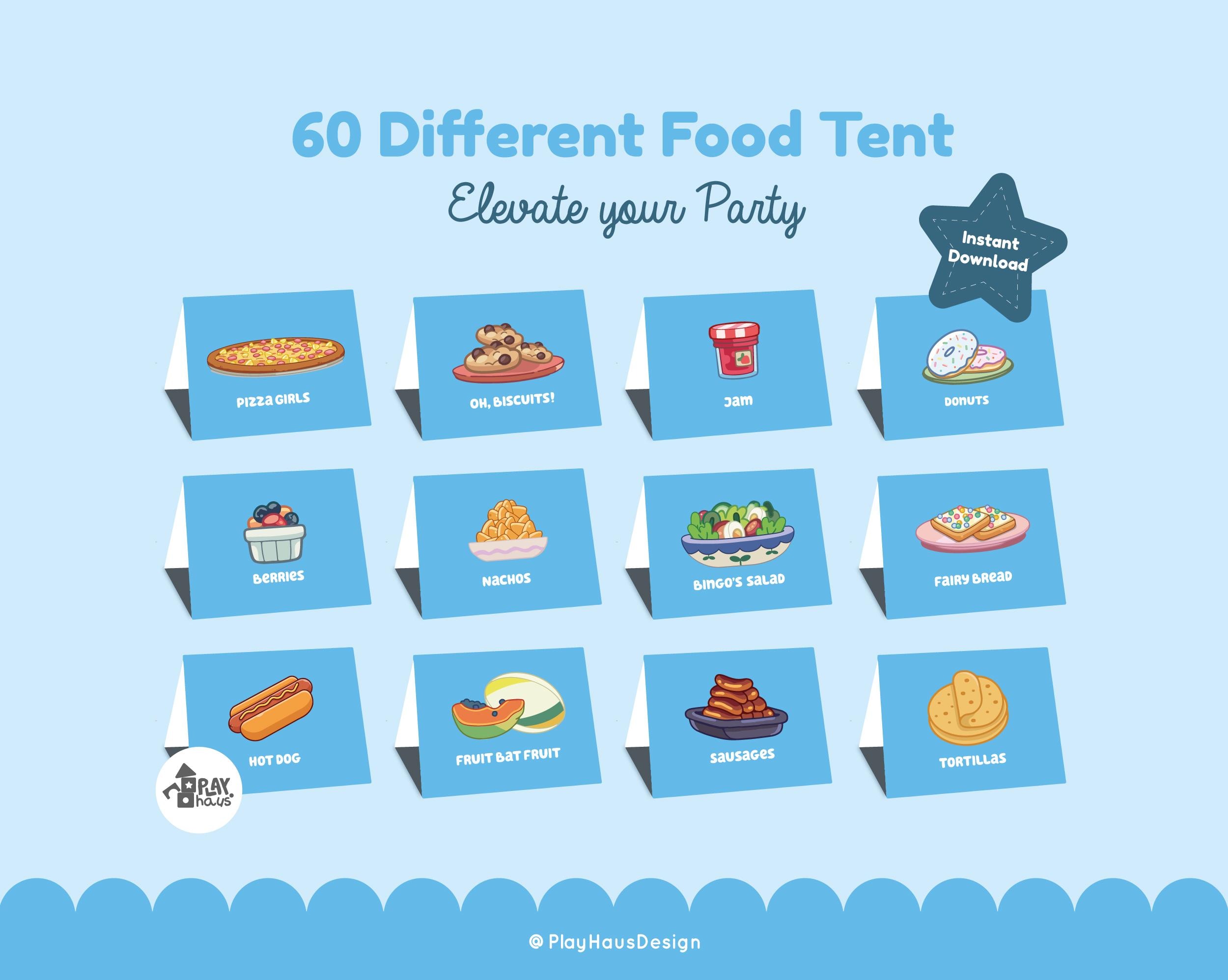 60 Different Birthday Party Food Tent Blue Color, Party Decor Food Label, Party Place Cards Supplies Favor, Food Center Card, Tent Food