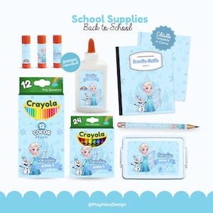 May include: A collection of school supplies featuring light blue designs with characters from Frozen, including glue sticks, a glue bottle, a composition book, a pencil, a pencil box, and two boxes of Crayola colored pencils with the text Rosalia Smith.