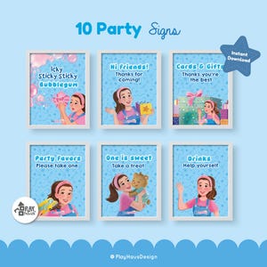 May include: A set of ten party signs with white frames, featuring illustrations of a girl and various party-themed text. The signs include phrases like "Icky Sticky Bubblegum" and "Cards & Gifts". A blue star graphic indicates "Instant Download".