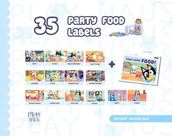 Lot de 35 étiquettes de produits alimentaires, déco bleu, ensemble tente de nourriture, nourriture de fête bleue, étiquette de nourriture de fête, étiquette de nourriture sur le thème, déco d'aliments de table, inspiration déco bleue