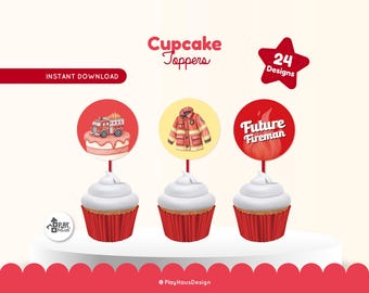 Feuerwehrmann Cupcake Toppers • 24 Feuerwehrauto Designs (Printable)
