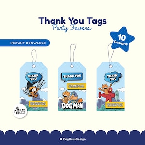 Etiquetas de agradecimiento de DogMan / Etiquetas de regalo de DogMan estilo cómic / Descarga instantánea / Decoración de fiesta con temática de cómic / Cumpleaños infantiles