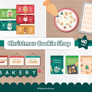 May include: A Christmas-themed graphic with the text "Christmas Cookie Shop." The image includes cookie-themed illustrations, signs that say "Open" and "Close," and a banner that says "Bakery."