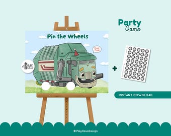 May include: A party game titled "Pin the Wheels" featuring a cartoon garbage truck on an easel. The game includes a sheet of circular stickers. The words "Party Game" and "Instant Download" are also visible.