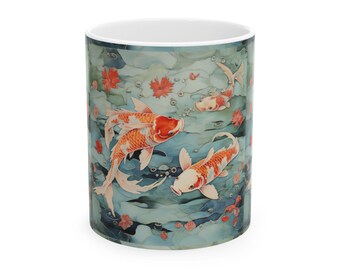 Koi Fish Mug, Japanese Folklore Coffee Cup, Ceramic Tea Mug, Animal Lover Gift, Fish Pond Decor, Ocean Creature Cup