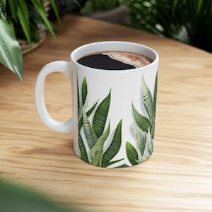 Sansevieria Plant Ceramic Mug, Botanical Coffee Cup, Illustrated Green Plant Tea Mug, Garden Lover Gift, Indoor Plant Lover Mug,