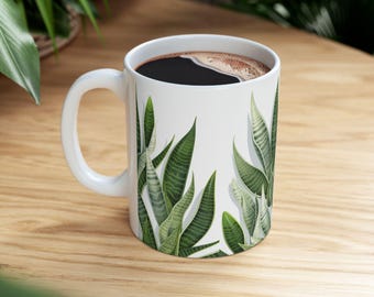Sansevieria Plant Ceramic Mug, Botanical Coffee Cup, Illustrated Green Plant Tea Mug, Garden Lover Gift, Indoor Plant Lover Mug,