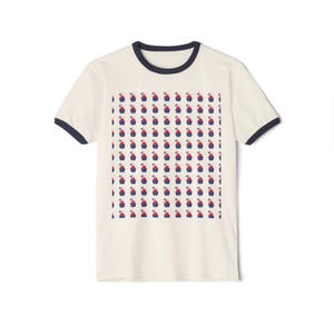 Retro Strawberry Pattern Ringer Tee | Repeated Fruit Square Print