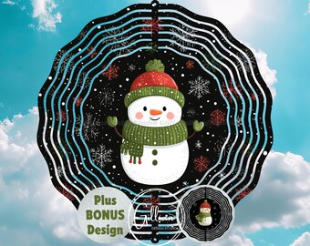 Könnte beinhalten: Ein verspieltes Schneemann-Design auf einem schwarzen, kreisförmigen Ornament. Der Schneemann trägt einen roten Hut, einen grünen Schal und Fäustlinge, umgeben von Schneeflocken. Enthält Bonus-Designs. Der Hintergrund ist ein blauer Himmel mit Wolken.