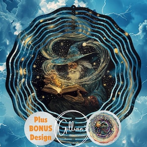 Surreal Spell Making Wizard 8 inch Wind Spinner Sublimation Design, BONUS Digital Download, Gold Dark Magic Spellbook Colorful PNG