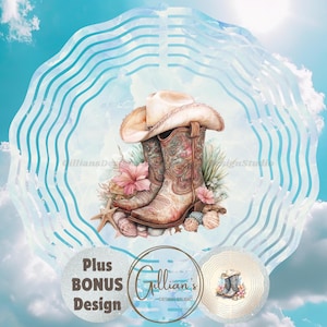 May include: Watercolor illustration of cowboy boots, a hat, and seashells. The boots are brown with floral designs, and the hat is tan. Pink flowers and a starfish are also included in the design. The background is a blue sky with clouds.