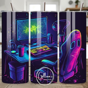 May include: A set of three 20 oz stainless steel tumblers with a gamer theme. The tumblers feature a neon-colored design with a computer, keyboard, and gaming chair. The text "Gillian's Design Studio" is visible on the bottom of the tumblers.
