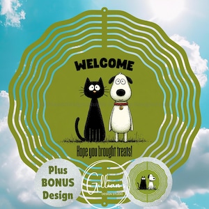 Molinillo de viento de 8 pulgadas "Bienvenido Gato Perro" (diseño de sublimación), descarga digital instantánea de regalo, caricatura de gato negro y perro blanco, espero que hayas traído golosinas.