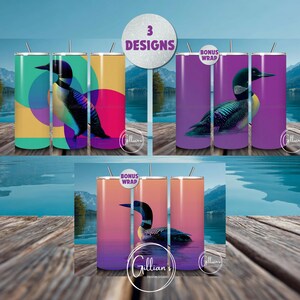 Minimalist Colorful Loon 20oz Straight Skinny Tumbler Wrap Sublimation Design, Bonus Instant Digital Downloads, Iridescent Common Loon PNG