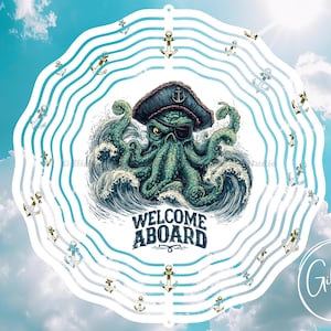 May include: A nautical design with a cartoon octopus in a pirate hat and eye patch, rising from waves. The text "WELCOME ABOARD" is below the octopus. The design is framed by a white border with blue stripes and anchor icons, set against a sky background.