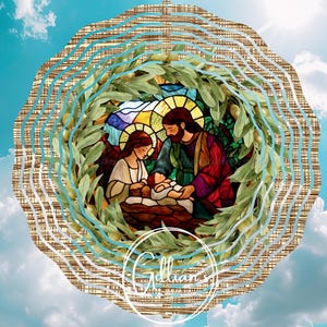 Stained Glass Olive Branch Nativity 8 inch Wind Spinner Sublimation Design, Digital Download, Christmas Nativity PNG, Faith Windspinner