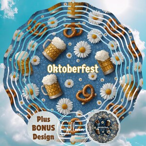 Op de afbeelding: Een digitaal ontwerp met het woord "Oktoberfest" omringd door bierpullen, pretzels en madeliefjes. Het ontwerp staat tegen een blauwe achtergrond met witte golvende lijnen en een lucht met wolken. Inclusief een bonusontwerp.