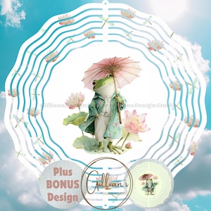 Puede incluir: Ilustración caprichosa de una rana con abrigo y sombrilla rosa, sobre hojas de nenúfar con flores de loto. El diseño se establece sobre un fondo de cielo azul con nubes y elementos decorativos.